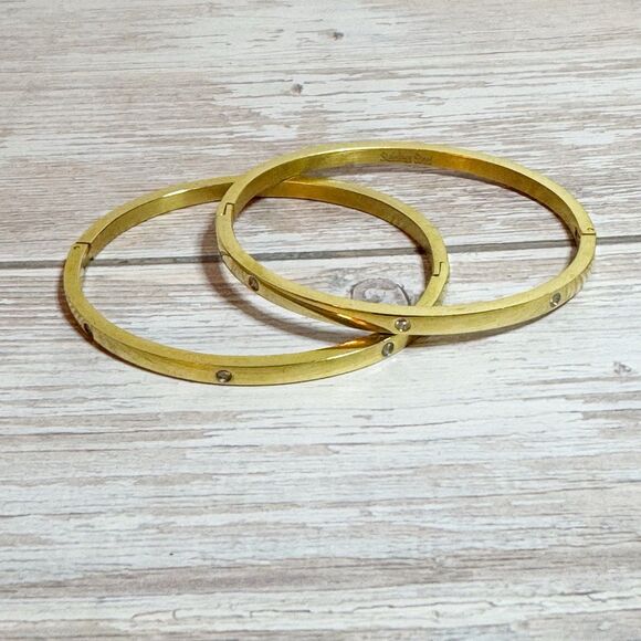 2 Gold Tone Bangle Bracelets With Rhinestone Details Stainless Steel Hinged - Picture 13 of 13